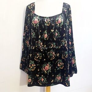 Cato Floral Panne Velvet Babydoll Elastic Neck Balloon Sleeve Black Blouse 22/24